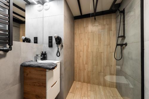a bathroom with a sink and a shower at Pod Błękitnymi Podkowami in Wrocław