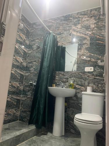 a bathroom with a toilet and a sink and a shower at Skyview House Tbilisi in Tbilisi City