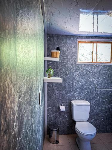 a bathroom with a toilet and a window at Cabaña Santa Amelia Antuco Pet Friendly in Peluca