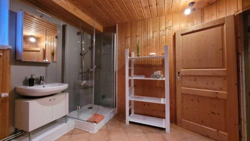 a bathroom with a sink and a shower and a toilet at Ferienwohnungen Blumenschein in Kirchzell