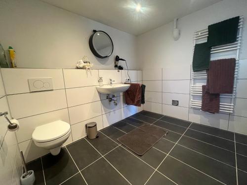 a bathroom with a toilet and a sink at Waldsee in Hilgert