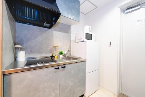 a small kitchen with a sink and a refrigerator at LEON RESORT HOTEL Max5-10people Sumiyoshi 8min Skytree 10min Kinshicho Taxi1meter in Tokyo
