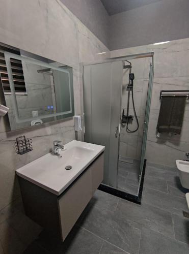 a bathroom with a sink and a shower at My Daily Home in Fier