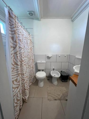 a bathroom with a toilet and a sink with a shower curtain at Departamento Céntrico 3 in El Bolsón
