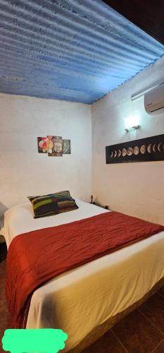a bedroom with a large bed with a blue ceiling at Alojamiento nerea in Salto