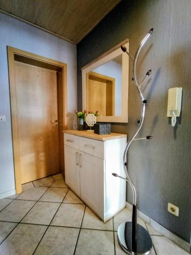 a bathroom with a shower with a sink and a mirror at Ferienwohnung Naturblick in Schönhagen