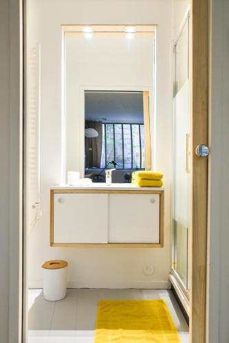 a bathroom with a mirror and a yellow rug at Malot 34 in Montreuil