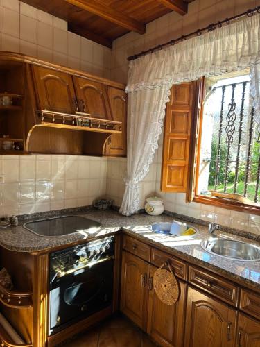 a kitchen with wooden cabinets and a sink and a window at Casa Conchas in Ferreira