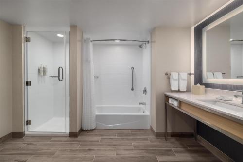 a bathroom with a shower and a sink and a tub at Hilton Garden Inn Washington DC/Greenbelt in Greenbelt