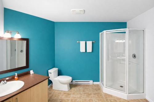 a bathroom with blue walls and a toilet and a shower at Motel Au Vieux Frontenac in Thetford Mines