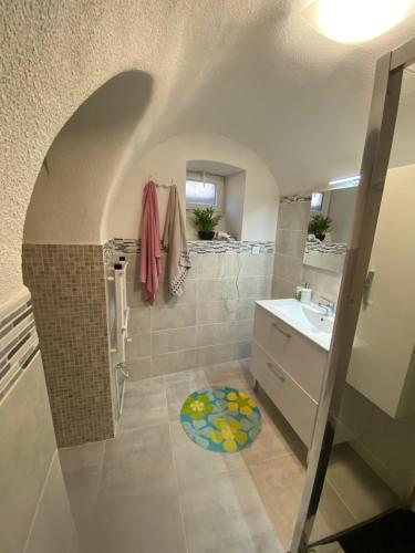 a bathroom with a shower and a sink and a mirror at Appartement Kylie in Néris-les-Bains