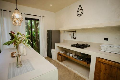a kitchen with a counter and a stove in it at El Valle Villas in Santa Bárbara de Samaná