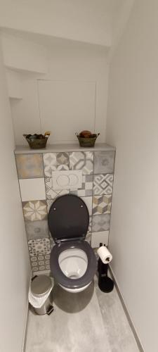 a bathroom with a black toilet in a room at duplex neuf autonome in Broyes