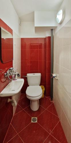 a bathroom with a white toilet and a sink at Alex City Apartment Gabrovo in Gabrovo