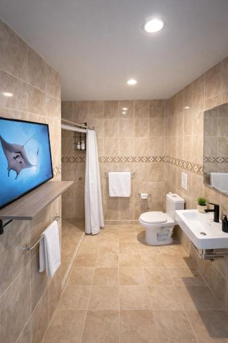 a bathroom with a toilet and a fish on the wall at The Colony La Ventana in La Ventana