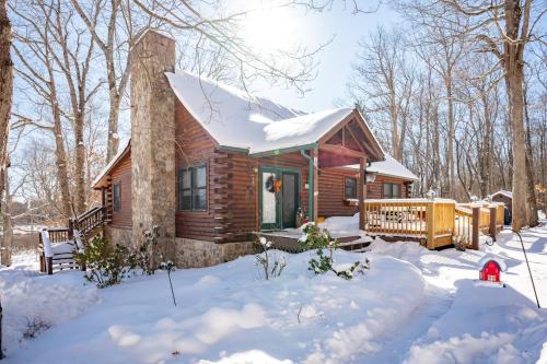 a log cabin in the snow with a red fire hydrant at R & R Cabin by Railey Vacations in McHenry