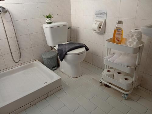 a bathroom with a toilet and a shower and a tub at on the STRIP apartment 4 in Kavos