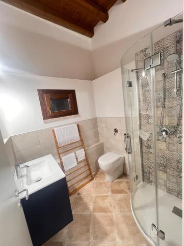 a bathroom with a shower and a toilet and a sink at RossoScirì in Calatafimi