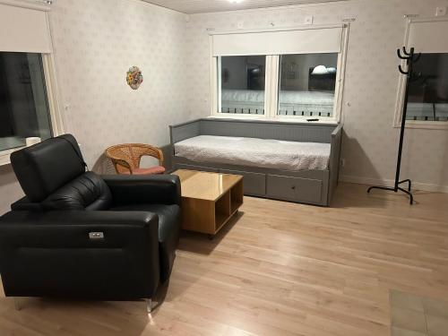 a living room with a bed and a couch at Kukkolaforsen 160 in Haparanda