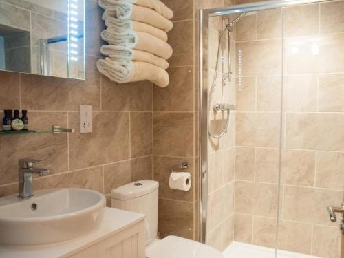 a bathroom with a shower and a sink and a toilet at 2 Bed in Launceston oc-41992 in Saint Giles on the Heath