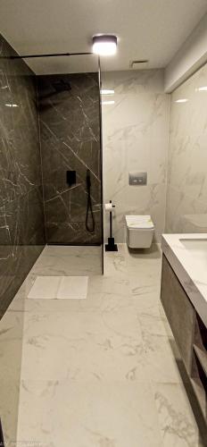 a bathroom with a shower and a toilet at Atrium Hotel in Vulcan