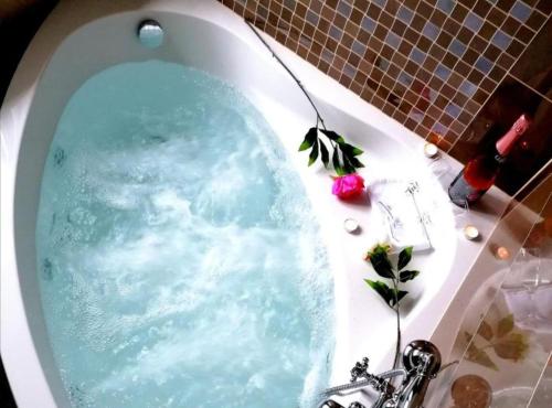 a bath tub filled with blue water in a bathroom at Jurjevec Castle in Brežane Lekeničke