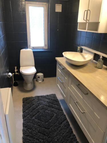 a bathroom with a white sink and a toilet at Huset i Hammelev in Vojens