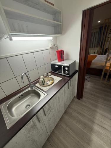 Eine Küche mit Spüle und Mikrowelle auf der Arbeitsfläche in der Unterkunft Sofhia home in Târgu Mureș