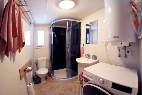 a bathroom with a shower and a toilet and a sink at Chata Bella Donovaly in Donovaly
