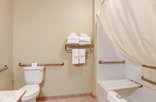 a bathroom with a toilet and a shower and towels at Cobblestone Inn & Suites - Carrington in Carrington