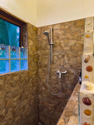 a stone shower in a bathroom with a stone wall at Conchy Tonk in Bocas Town