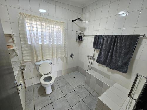 a white bathroom with a toilet and a shower at Leopards Tree Garden Cottage in Greytown