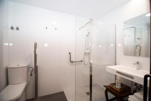 a bathroom with a shower and a toilet and a sink at Palacio Soran in Leintz-Gatzaga