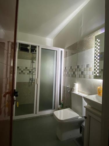 a bathroom with a shower and a toilet and a sink at Coastal Retreat Penthouse in Pereybere
