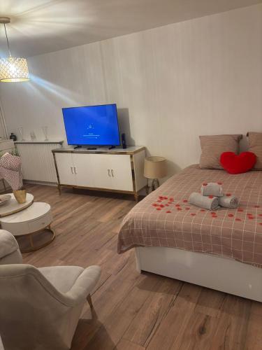 a bedroom with a bed and a flat screen tv at Le Cocon - Paris - Netflix - Parking in Noisy-le-Grand