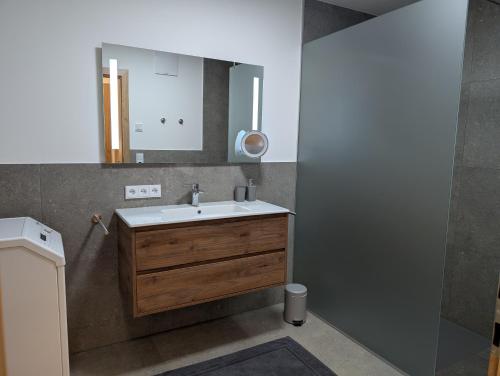 a bathroom with a sink and a mirror at Apartment Auszeit am See in Uttendorf