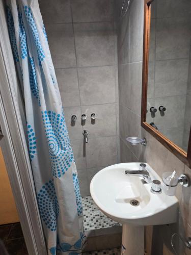a bathroom with a sink and a shower curtain at Espacio Verde in Salta