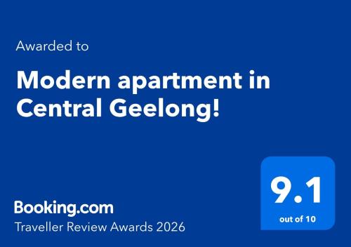 a blue sign with the text modern appointment in central geelong at Modern apartment in Central Geelong! in Geelong