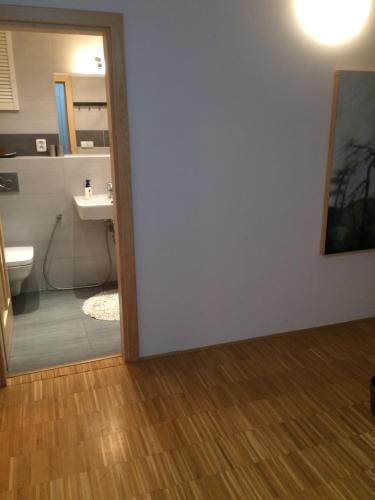 a bathroom with a toilet and a sink and a mirror at Apartmán Slovinská 28 in Brno