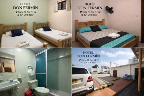 a collage of three pictures of a hotel room at Hotel Don Fermin in Barranquilla