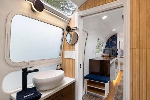 a bathroom in an rv with a sink and a mirror at Luxury Airstream w hot tub, king bed, & grill in Pisgah Forest