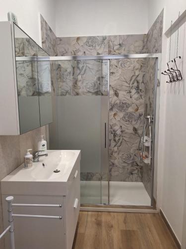 a bathroom with a shower and a white sink at B&B Siena Le Grondaie in Siena