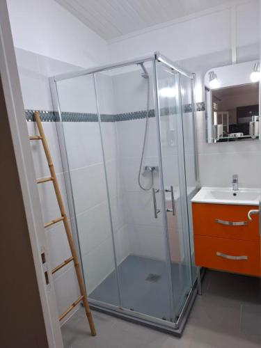 a glass shower in a bathroom with a sink at Le Chalet d'Ajoupa in LʼAjoupa-Bouillon