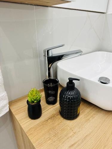 a bathroom with a sink and a cactus on a wooden table at Casa di Ale in Rapallo