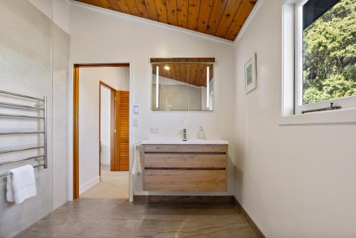 a bathroom with a sink and a window at The Black Chalet in Whitianga