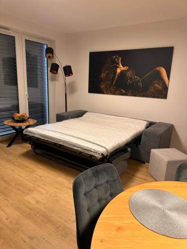 a living room with a bed and a table at Apartmány DVĚ BOBULE 2KK in Pasohlávky