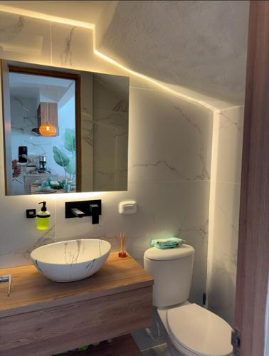 a bathroom with a sink and a toilet and a mirror at Casa Yireth in Ricaurte