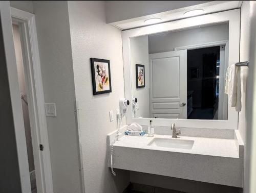 a bathroom with a sink and a large mirror at Free Shuttle Mickey Universal Epic SeaWorld in Orlando