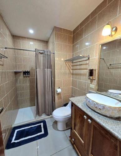 a bathroom with a sink and a toilet and a shower at GRAN HOTEL VICTORIA in Rivas