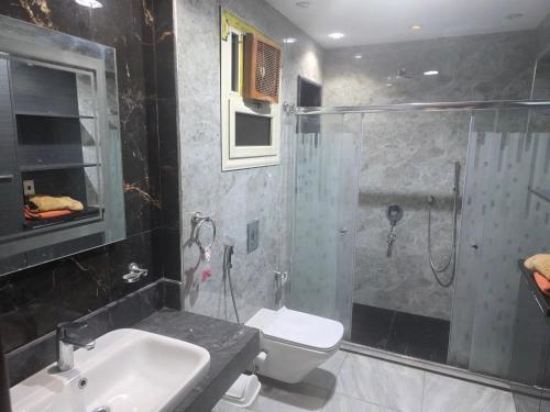 a bathroom with a shower and a toilet and a sink at luxury hotels home in Cairo